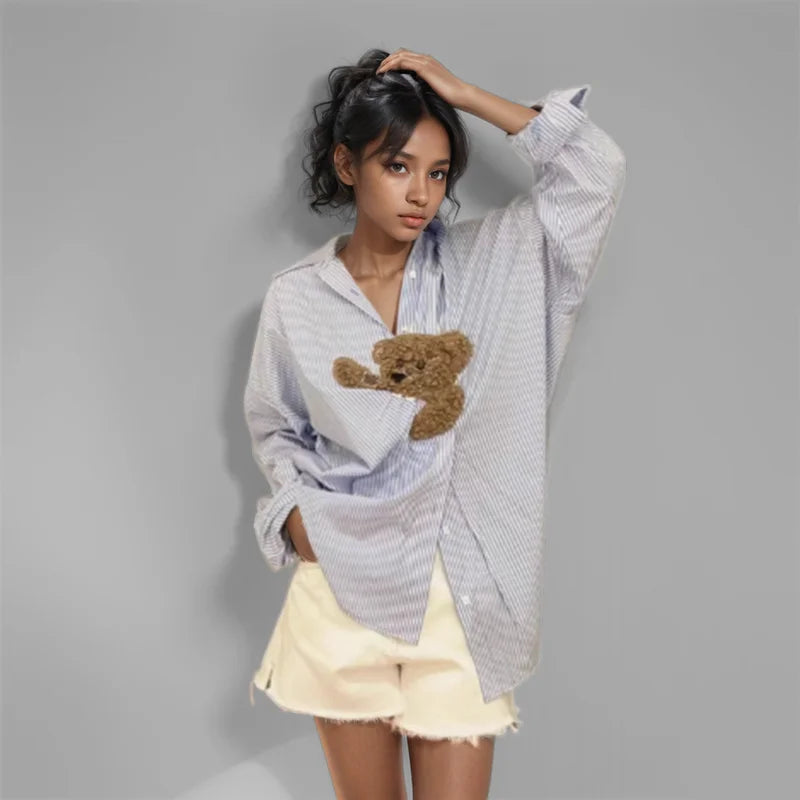 Toon Stripe Lapel Relaxed Womens Top
