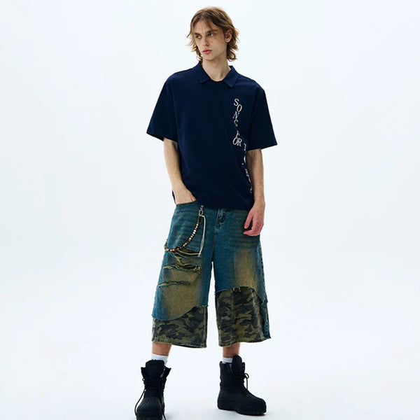 Elegant Letter Illustrated Short Sleeve Collar-Knit T-Shirt