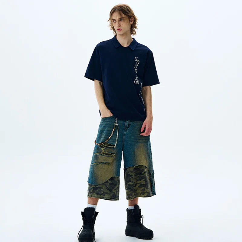 Elegant Letter Illustrated Short Sleeve Collar-Knit T-Shirt