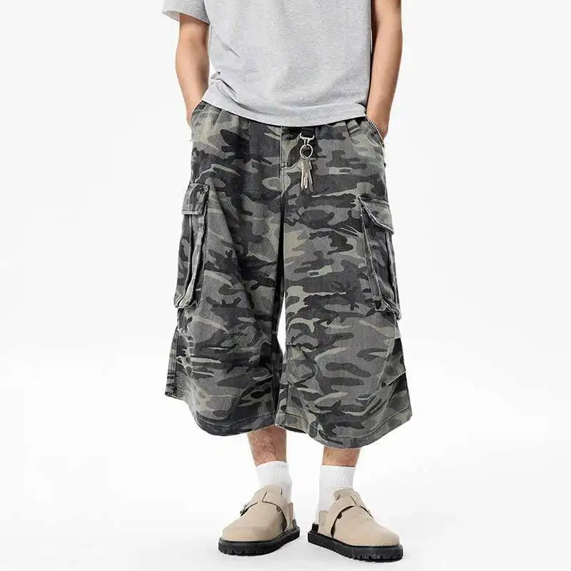 Heavy-Duty Woodland Field Relaxed Wide Leg Denim Shorts