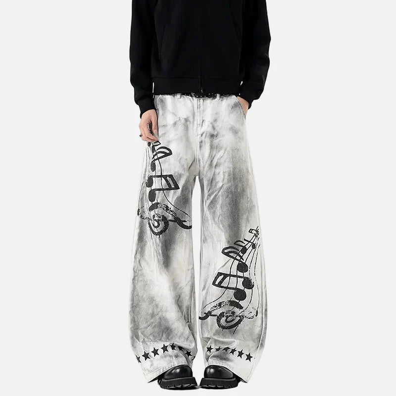Western Style Faded Music Printting Denim