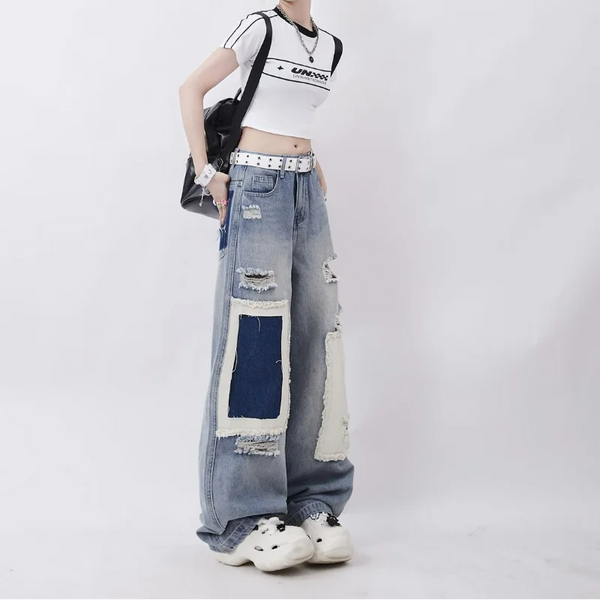 Oversized Patched Hole Denim High Denim