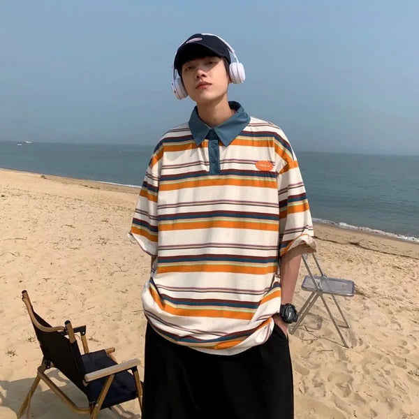 Nihon-Style Style Color Blocked Multi-Stripe Lapel T-Shirt