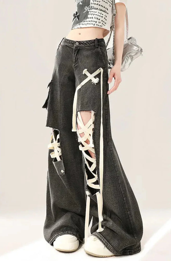 Black Strap Torn Wide Denim