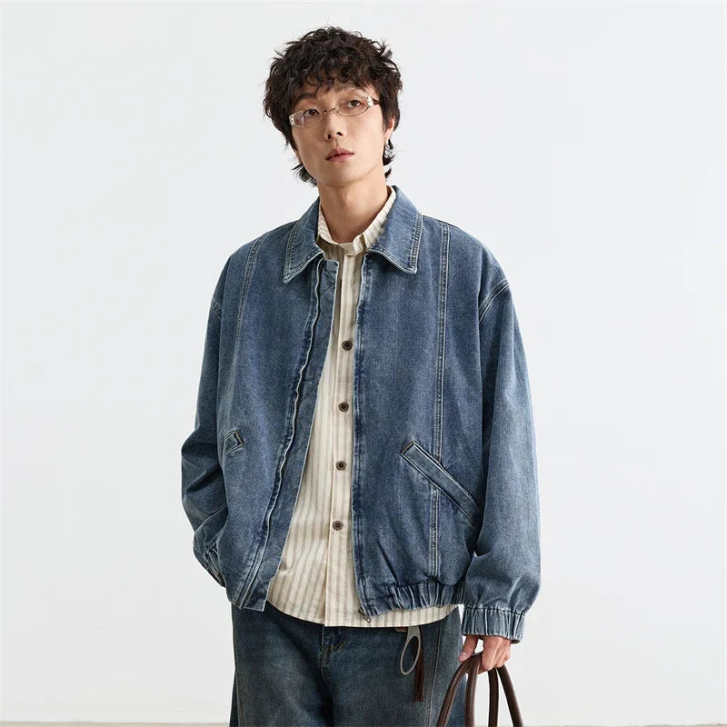 Western Zip Fold-Down Collar Denim Jacket