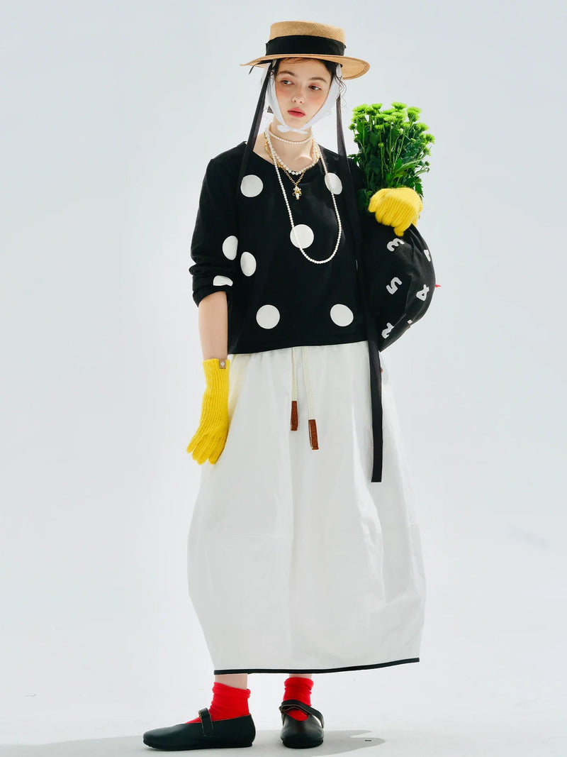 White Black Dot Polka Long Sleeve T-Shirt