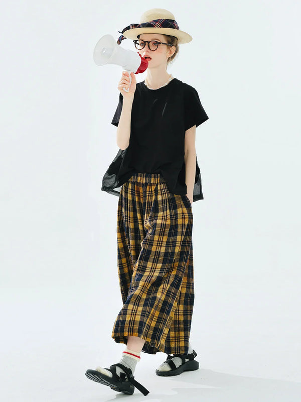 Yellow Black Check Elastic Trousers