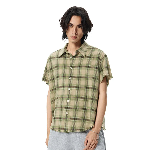 Olive Plaid Vintage Lapel Short Top