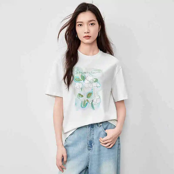 Comfortable Breezy-Cut Bright-Days Round T-Shirt