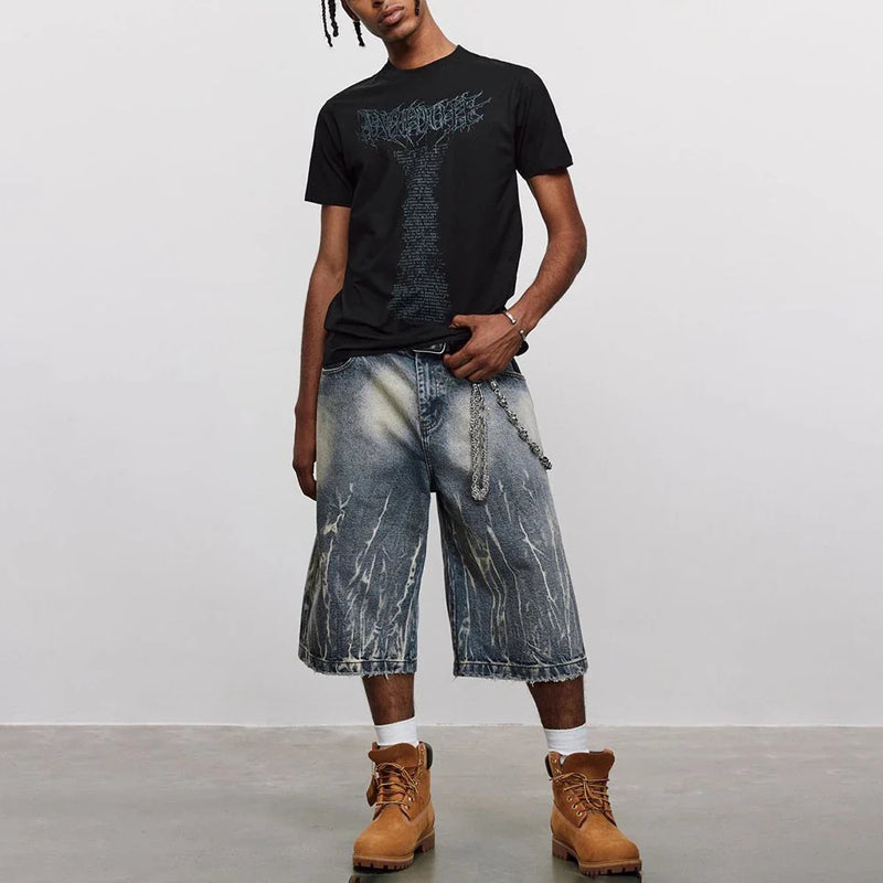 Lightning Pattern Rinse Cropped Denim Shorts