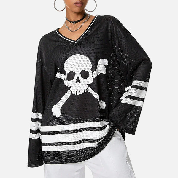 Mesh-Flow Mesh Stamped V-Neck Long Sleeve T-Shirt