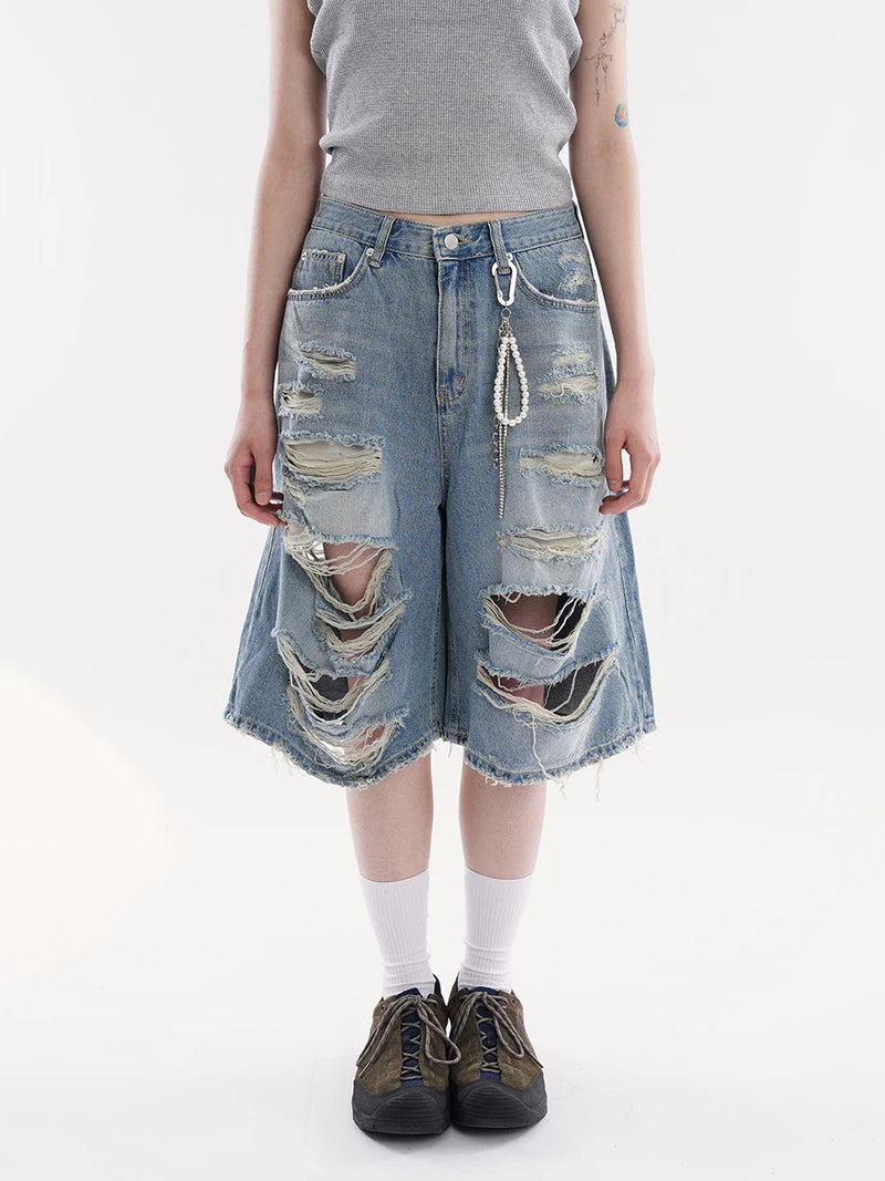 Plush Stylish Torn Holes Denim Shorts