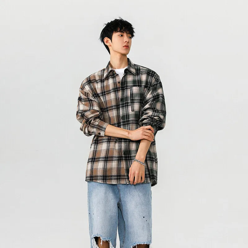 Dual-Tone Plaid Cotton Long Street Top