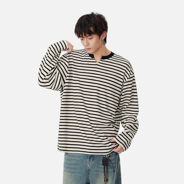 Bar-Print Notch Neck Laid-Back Long Sleeve T-Shirt