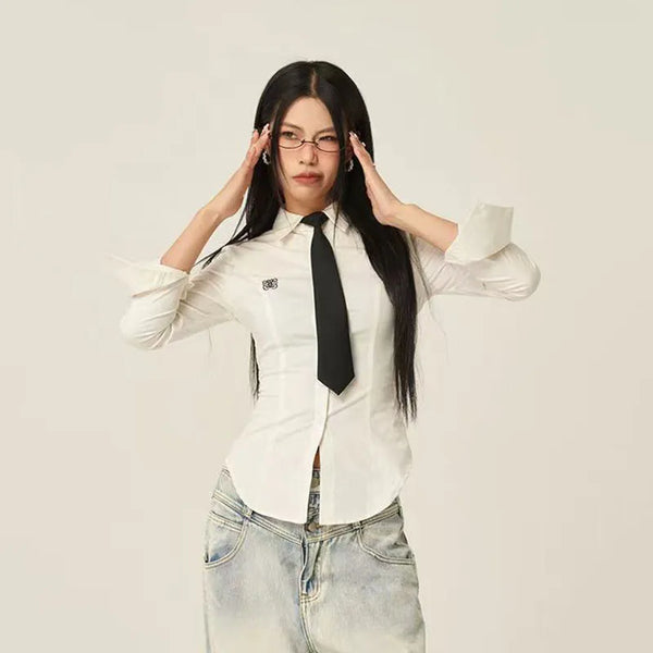 White Tie-Neck Slim Trendy Womens Top