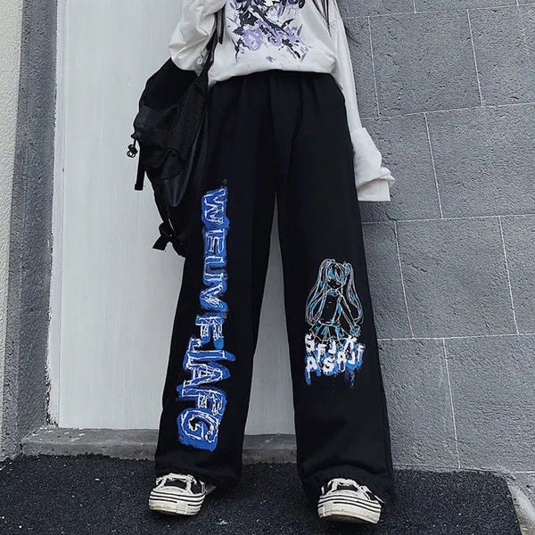 Vintage Wide Leg Anime Baskılı Jogger, önden görünüm — Navra Wear