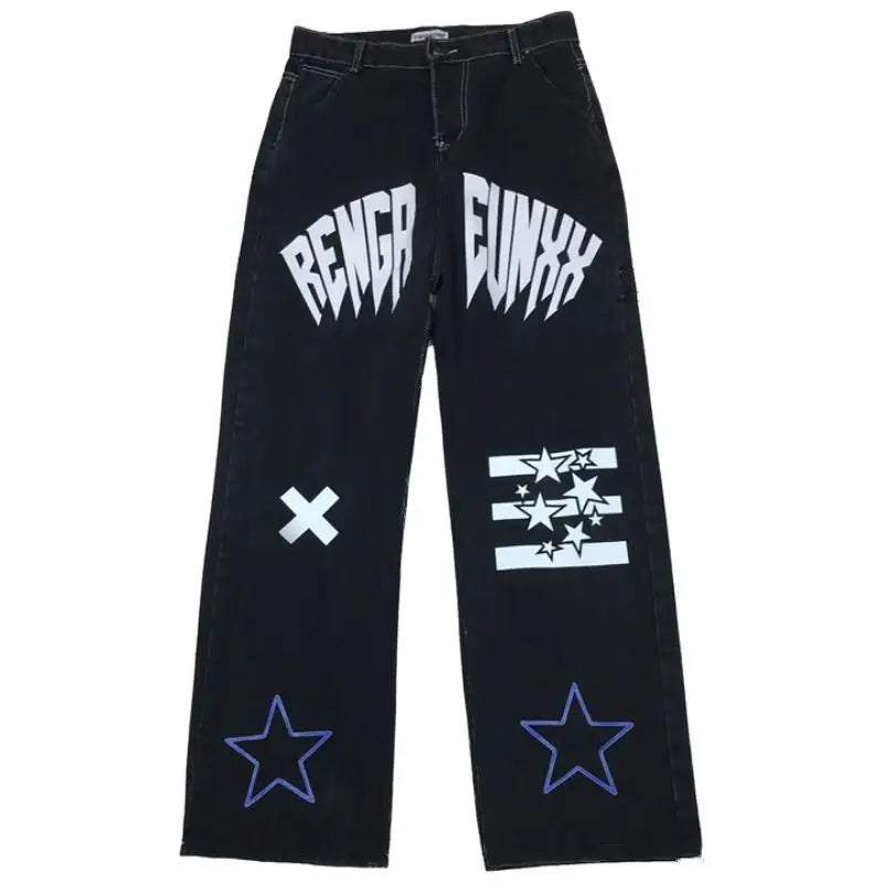 Streertwear Black Stellar Print High Denim