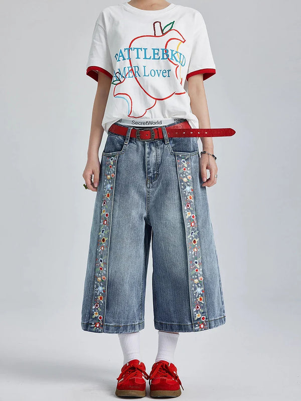 Heritage Wash Botanical Print Denim Shorts