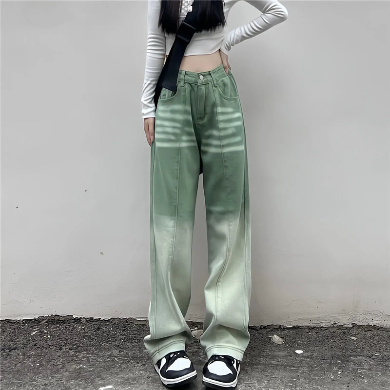 Contrasting Green High-Rise Denim