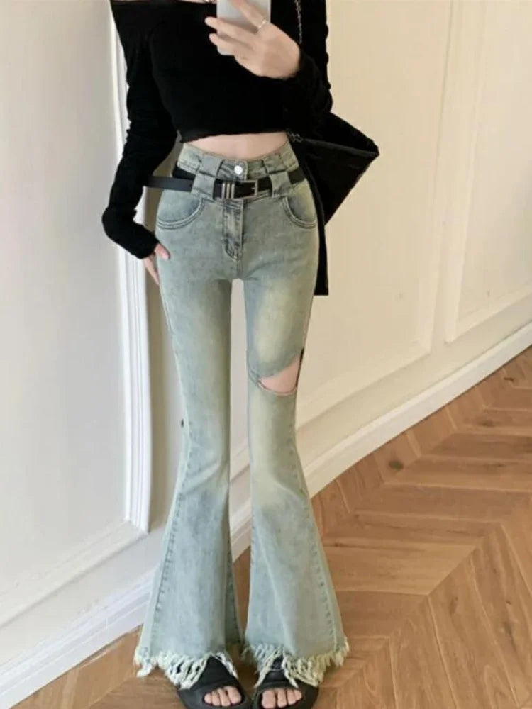 Women High-Rise Tassel Denim Bell Denim
