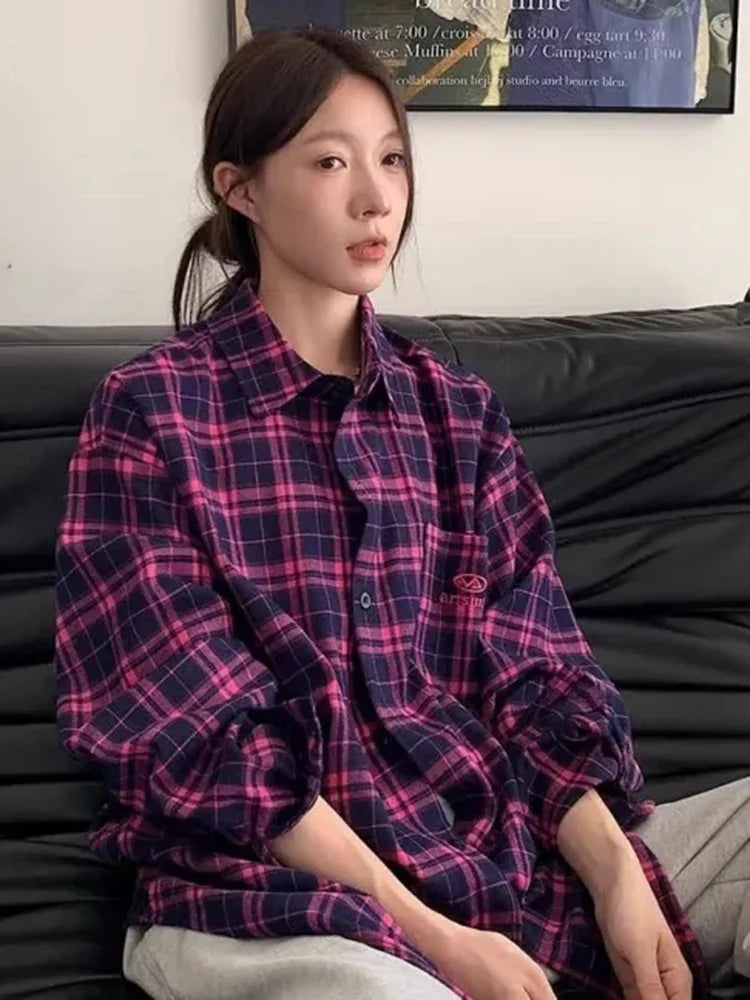 Hip Hop Plaid Retro Oversize Long Blouse