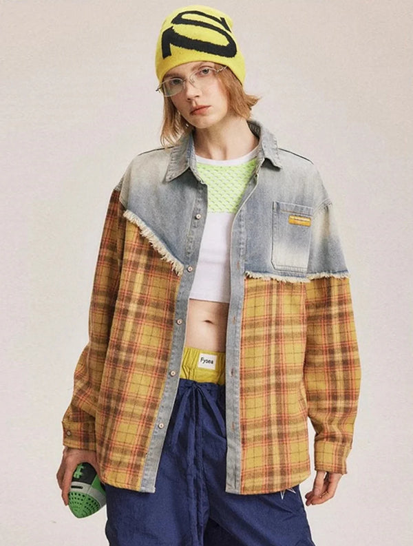 Worn Denim Plaid Fall Long Shirt