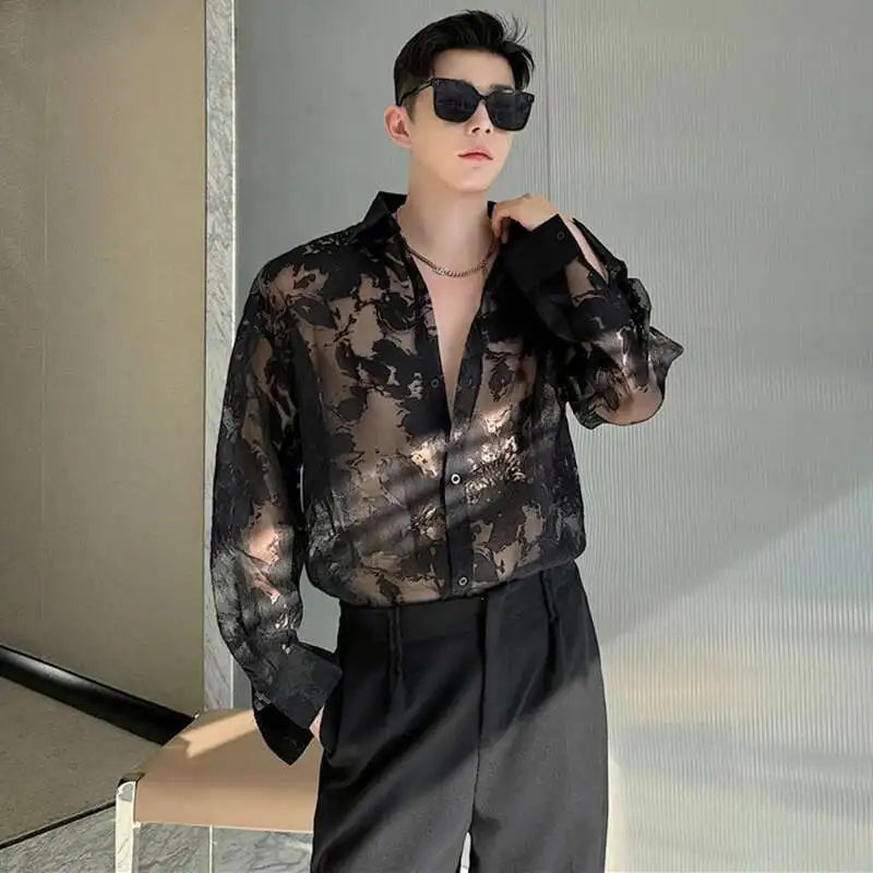 Sheer Panel Print Mens Long Shirt