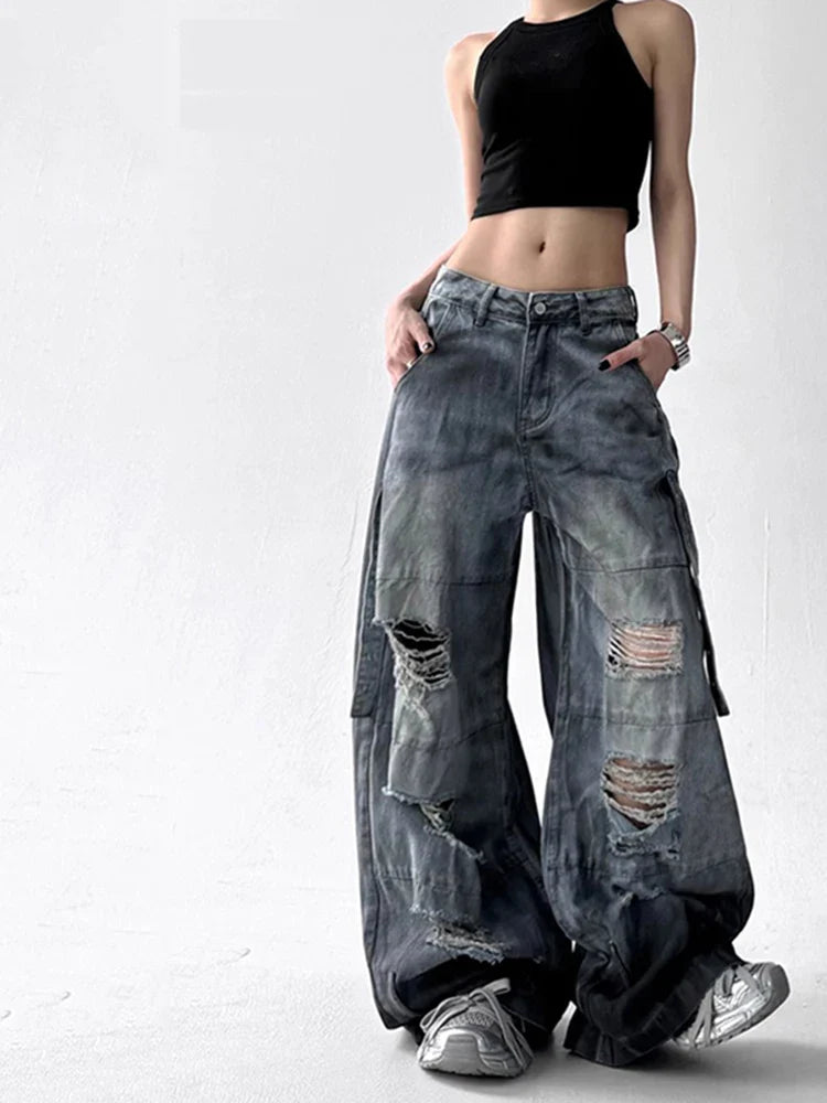 2000s Metro High-Rise Bell Leg Torn Denim