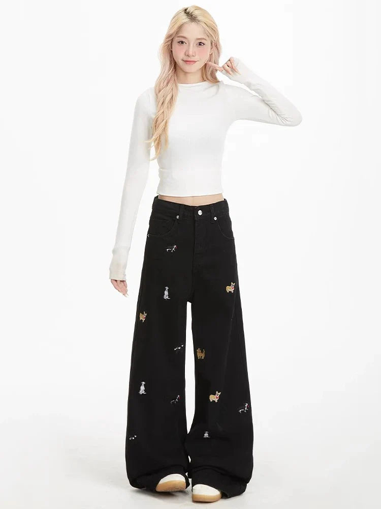Sleek Heritage Western Puppy Stitched Wide Denim