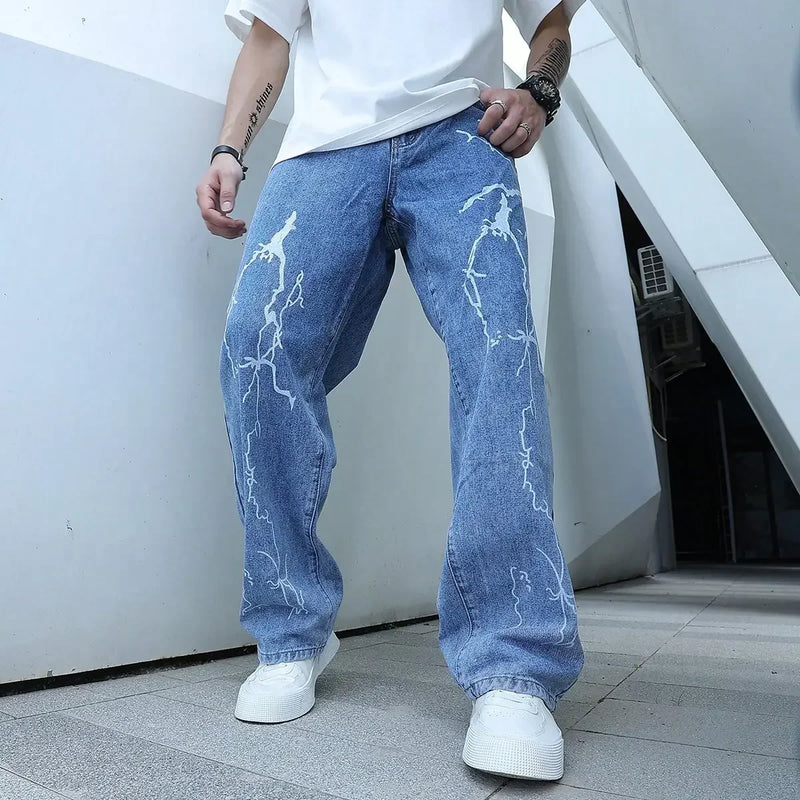 Model wearing the blue Y2K Thunderbolt Denim Jeans