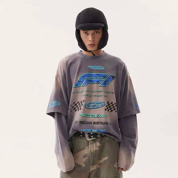 Aged Rough-Edge Acid-Rinsed Designed Print T-Shirt