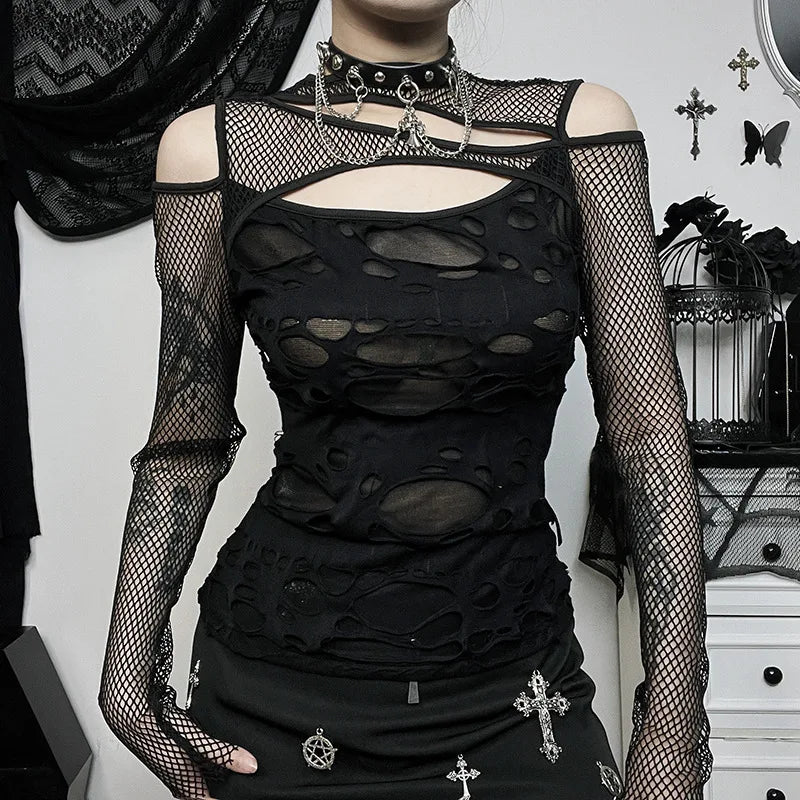 Noir Shadow-Print Frayed Fishnet Mosaic T-Shirt