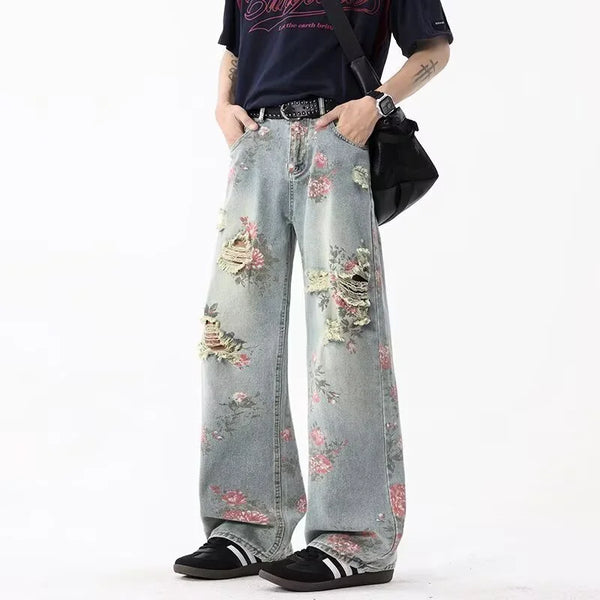 Classic Peony Flower Woven Pattern Torn Denim