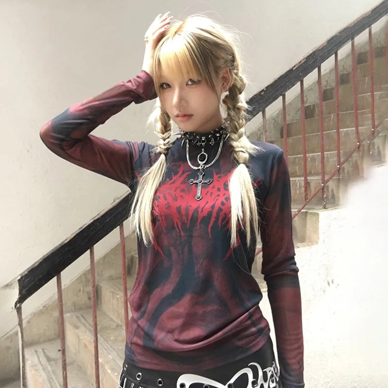 Raw-Edge Aesthetic Tattoo Print Sheer T-Shirt