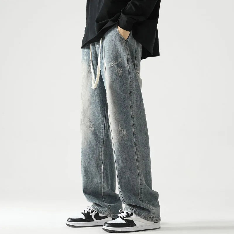 Faded Denim Drawstring Relaxed Bell Leg Denim