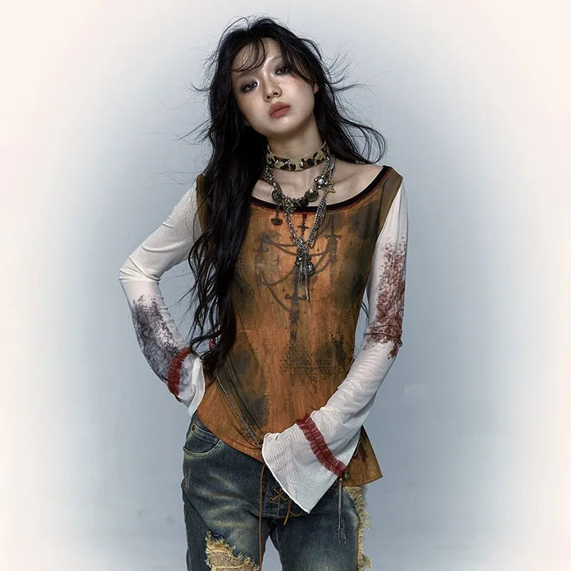 Aged Rising-Sun Millennium Mesh Aesthetics T-Shirt
