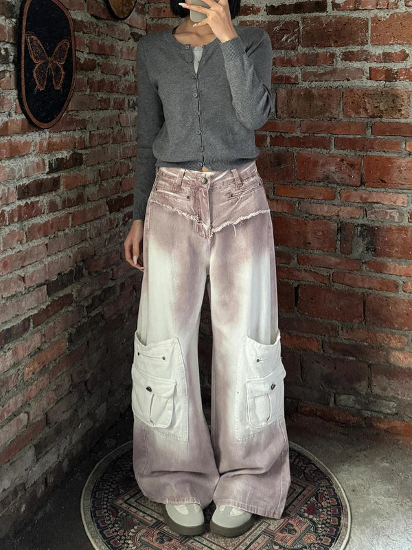 Durable High-Rise Raw Edge Bell Leg Utility Denim