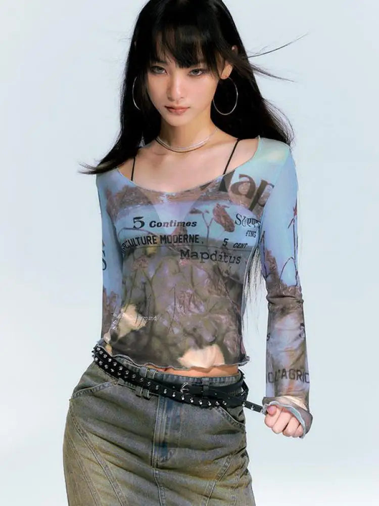 Long Print Letter Mesh Sheer T-Shirt