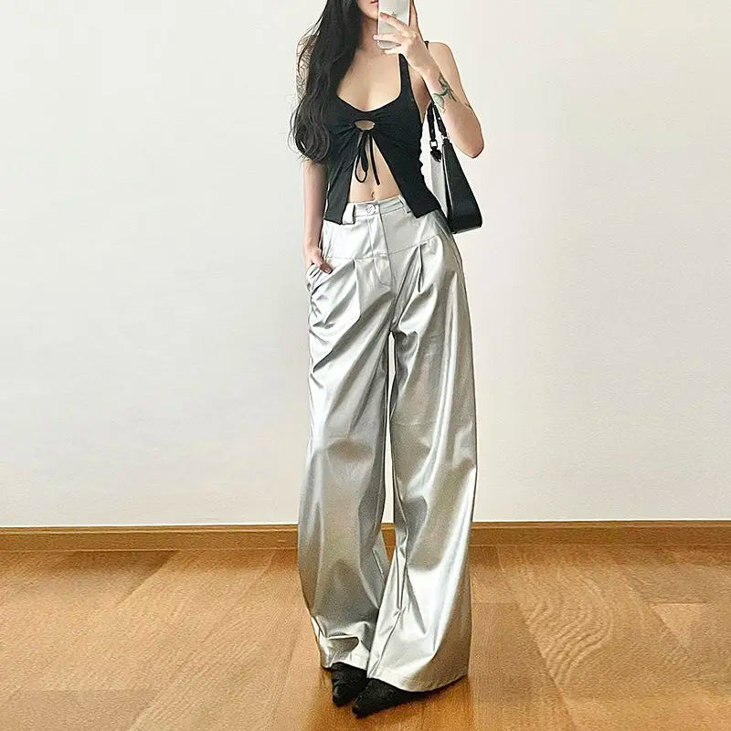 Silver Hip-Hop Leather Trousers