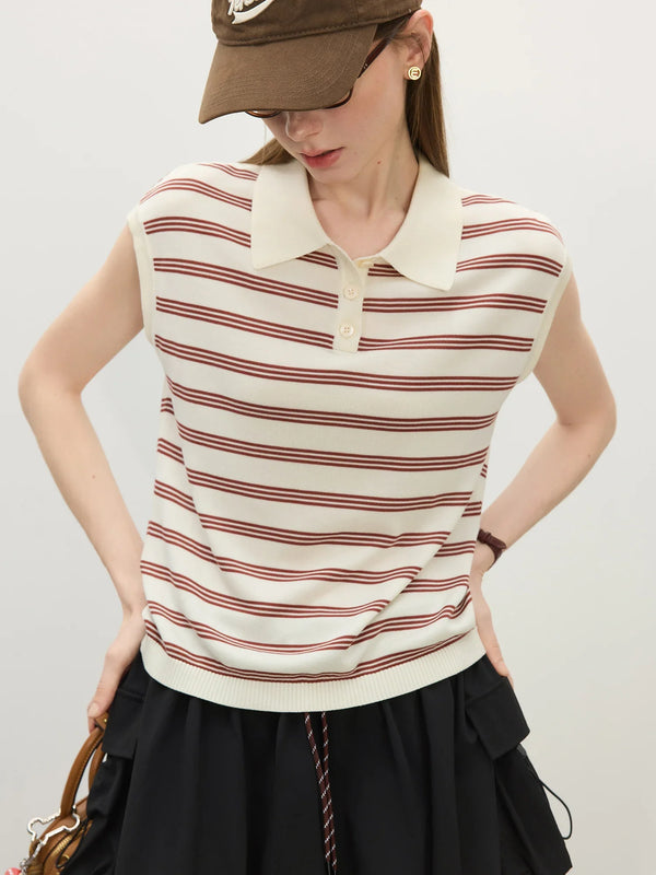 Women Everyday Line-Pattern Knit Sleeveless Button Collar T-Shirt