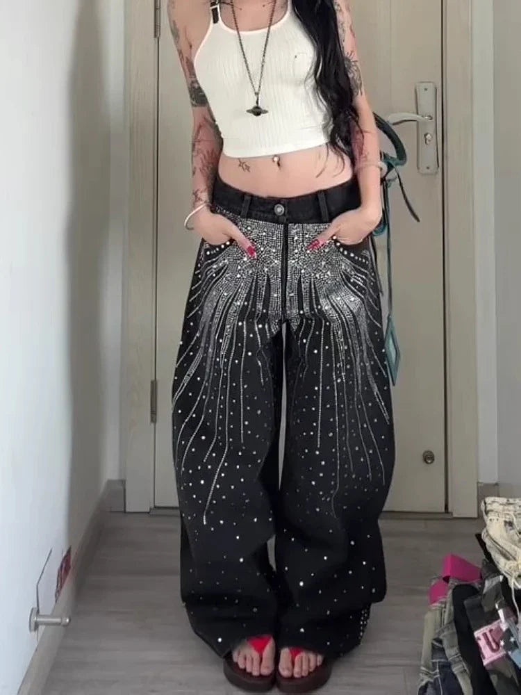 High quality rhinestone wide fit Denim