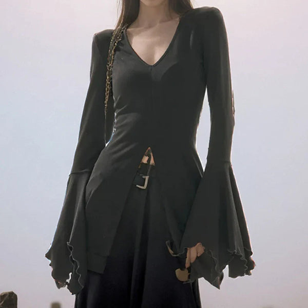 Obsidian Flare Sleeve V-Neck Blouses T-Shirt
