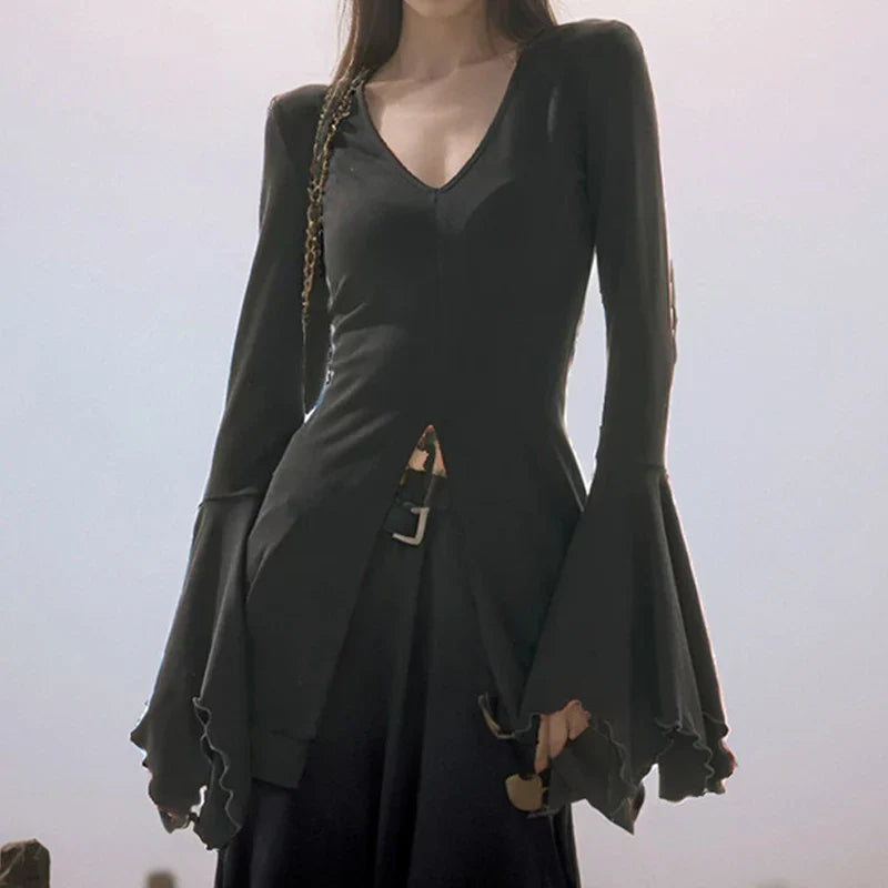 Obsidian Flare Sleeve V-Neck Blouses T-Shirt