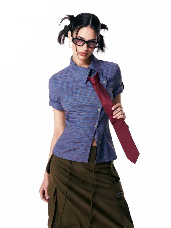Asymmetric Hem Plaid Short Shirt