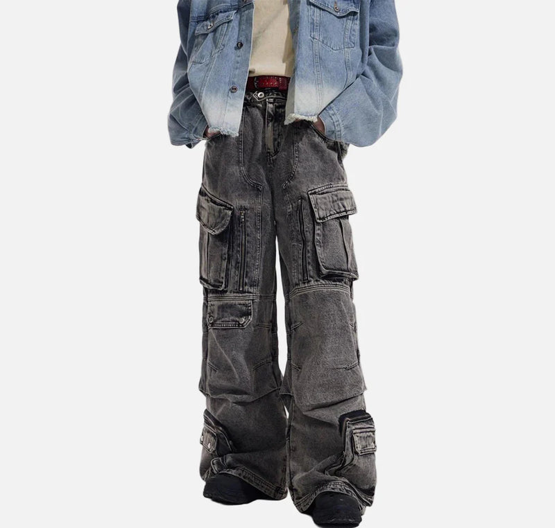 2000s Dark Japanese Style Bell Leg Utility Denim