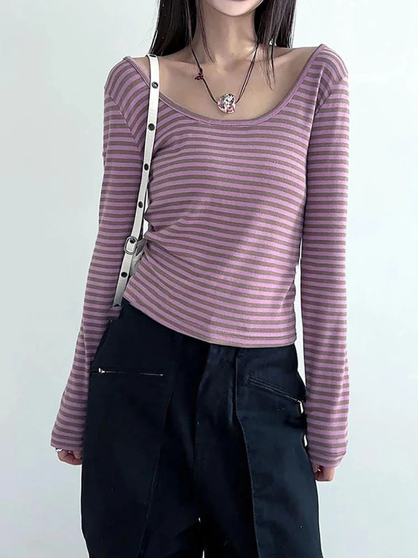 Bar-Print Long Sleeve U-Neck T-Shirt