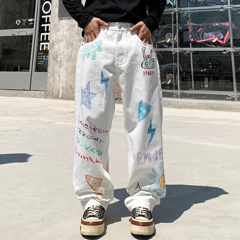 Bell Leg Flow Lightning Graphic Printed Denim