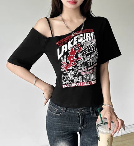 New-Millennium Letter Print Off Shoulder T-Shirt