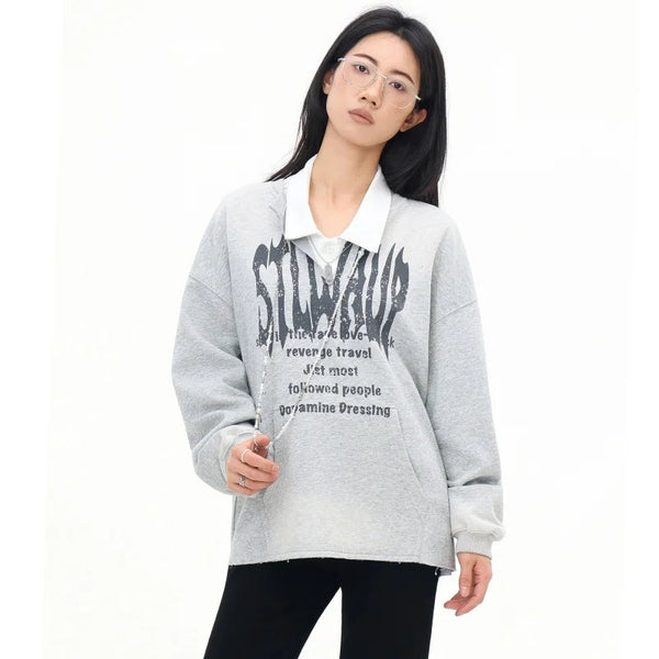 Turn-Of-Era Throwback Gray Letter Print Long Sleeve Shirt