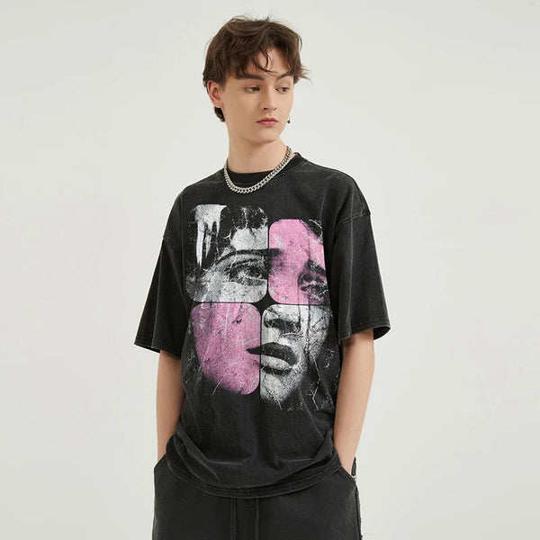 Acid-Rinsed Puzzle Face Illustrated T-Shirt